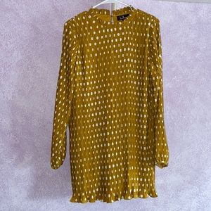 Lulu’s pleated polka dot lined midi dress w/ ruffled trim in warm honey yellow